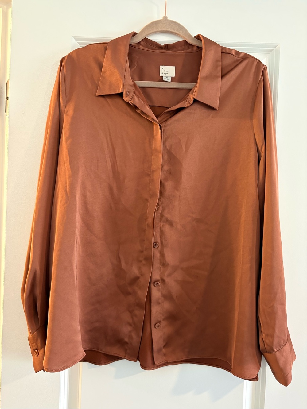 a new day Satin Button-Front Blouse in Rust Brown